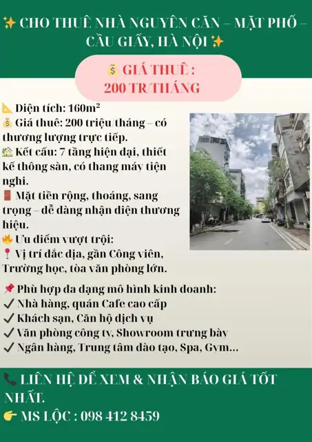 Cho Thuê Nhà Nguyên Căn Mặt Phố Cầu Giấy, Hà Nội - 200 Triệu/Tháng