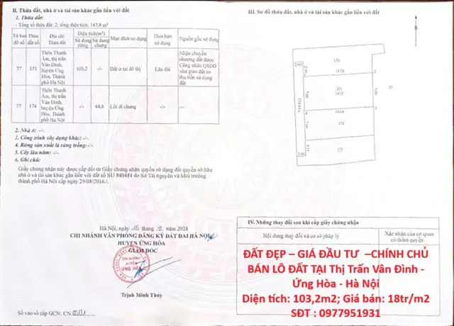Đất Đẹp – Giá Đầu Tư –Chính Chủ Bán Lô Đất Tại Thị Trấn Vân Đình - Ứng Hòa - Hà Nội