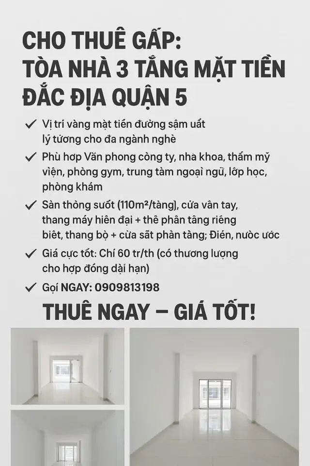 Cho Thuê Tòa Nhà 3 Tầng Mặt Tiền Quận 5 - Vị Trí Đắc Địa, Giá Tốt