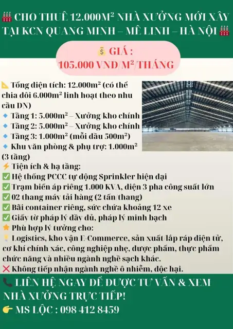 Cho Thuê Nhà Xưởng Mới Xây 12.000m² KCN Quang Minh - Mê Linh - Hà Nội