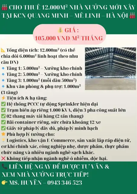 Cho Thuê Nhà Xưởng Mới Xây 12.000m² KCN Quang Minh - Mê Linh - Hà Nội