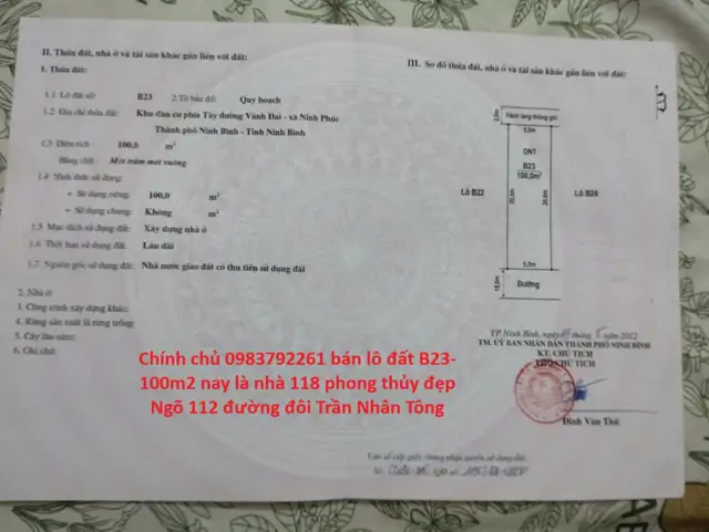 Tiêu Đề : Chính Chủ 0983792261 Bán Lô B23- 100M2 Nay Là Nhà 118 Phong Thủy Đẹp Ngõ 112 Đường Đôi