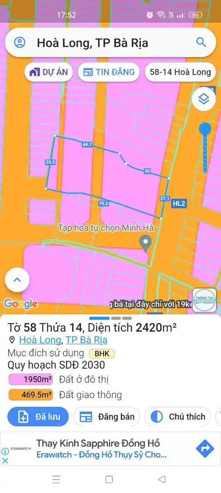 Chủ Bán Đất Mặt Tiền Đường Hương Lộ 2 Hòa Long. Nay Thuộc P Tam Long Tphcm