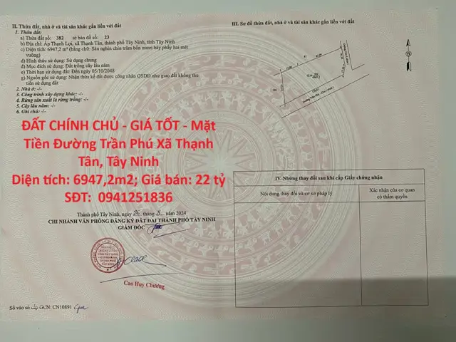 Đất Chính Chủ - Giá Tốt - Mặt Tiền Đường Trần Phú Xã Thạnh Tân, Tây Ninh