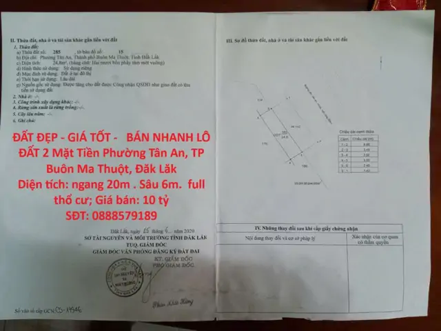 Đất Đẹp - Giá Tốt -   Bán Nhanh Lô Đất 2 Mặt Tiền Phường Tân An, Tp Buôn Ma Thuột, Đăk Lăk