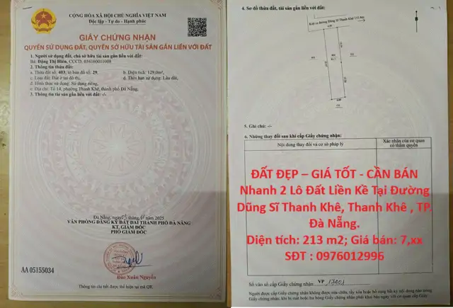 Đất Đẹp – Giá Tốt - Cần Bán Nhanh 2 Lô Đất Liền Kề Tại Đường Dũng Sĩ Thanh Khê, Thanh Khê , Tp. Đà
