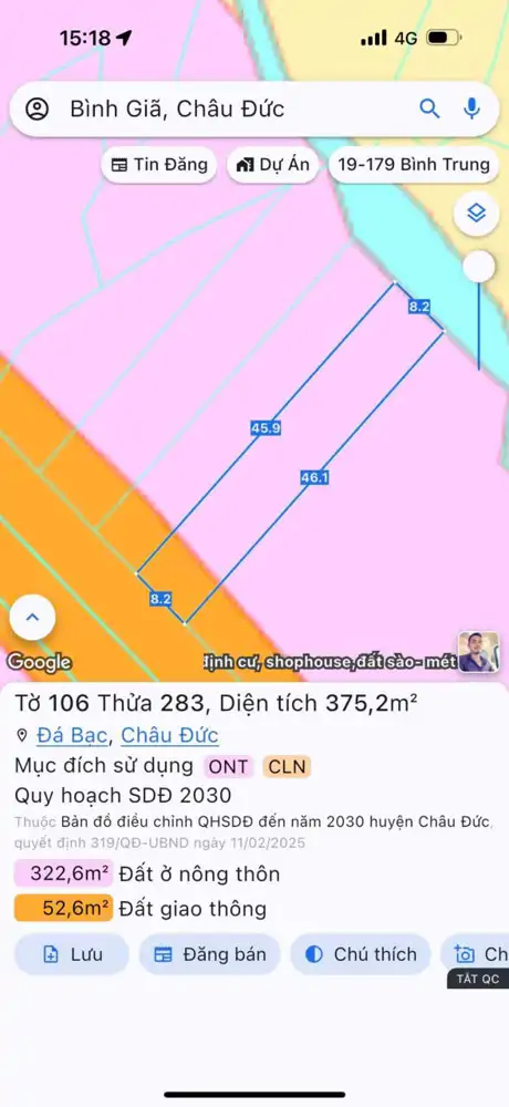 Mặt Tiền Bình Giã Đá Bạc Đất Thuộc Đá Bạc Nay Là Xã Nghĩa Thành Tphcm.15x45. 200Tc. Việc Suối
