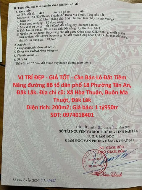 Vị Trí Đẹp - Giá Tốt - Cần Bán Lô Đất Tiềm Năng Đường 8B Tổ Dân Phố 18 Phường Tân An, Đăk Lăk