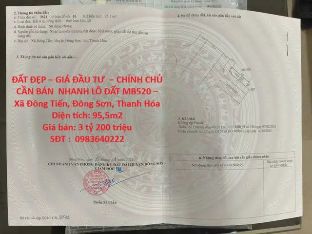 Đất Đẹp – Giá Đầu Tư  – Chính Chủ Cần Bán  Nhanh Lô Đất Mb520 – Xã Đông Tiến, Đông Sơn, Thanh Hóa