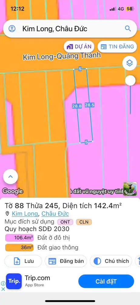 Bán Đất Thị Trấn Kim Long , Mặt Tiền Đường Kim Long Quản Thành , Cách Nhà Nghỉ Kim Long 30M