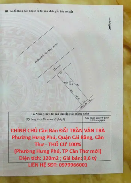 Chính Chủ Cần Bán Đất Trần Văn Trà Phường Hưng Phú, Quận Cái Răng, Cần Thơ - Thổ Cư 100%