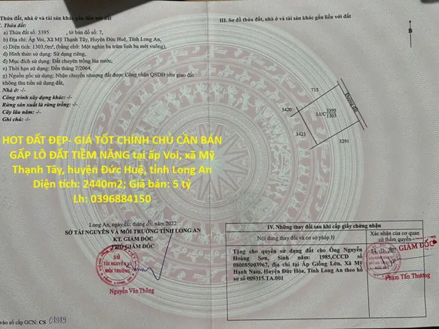 Hot Đất Đẹp- Giá Tốt Chính Chủ Cần Bán Gấp Lô Đất Tiềm Năng Tại Huyện Đức Huệ, Tỉnh Long An