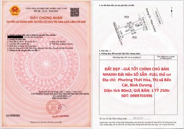 Đất Đẹp - Giá Tốt Chính Chủ Bán Nhanh Đất Nền Sổ Sẵn -Full Thổ Cư Phường Thới Hòa, Bến Cát