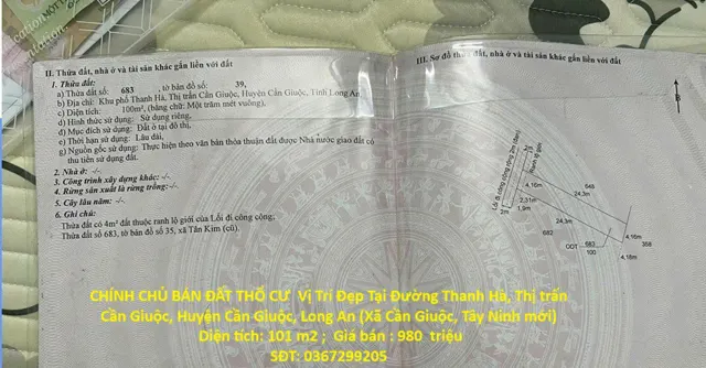 Chính Chủ Bán Đất Thổ Cư Vị Trí Đẹp Tại Tt Cần Giuộc, Huyện Cần Giuộc, Tỉnh Long An