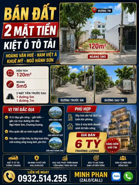 Chính Chủ Cần Bán Lô Đất Hoàng Văn Hoè - 2 Mặt Tiền Trước Sau - 120 M2 - Giá Chỉ 6 Tỷ - Liên Hệ