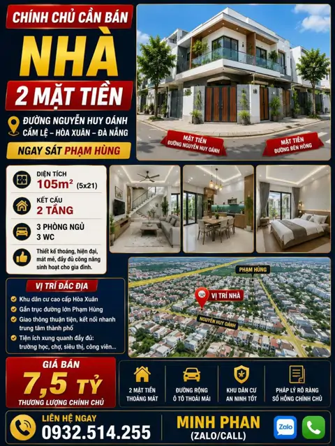 Chính Chủ Bán Nhà 2 Tầng - 2 Mặt Tiền Khu Hoà Xuân - Cẩm Lệ - Gần Phạm Hùng -Giá Chỉ Nhỉnh 7 Tỷ