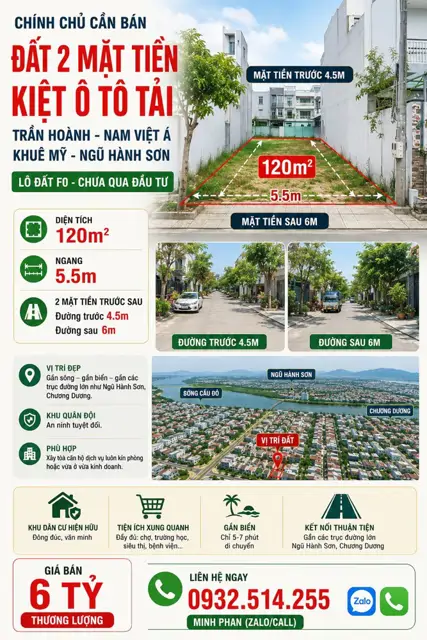 Cần Bán Lô Đất 2 Mặt Tiền Kiệt 6M - Đường Trần Hoành - Khuê Mỹ - Ngũ Hành Sơn - Diện Tích 120M