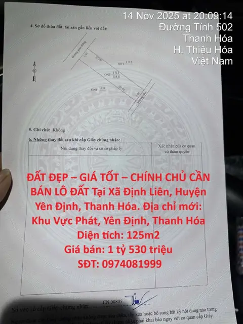 Đất Đẹp – Giá Tốt – Chính Chủ Cần Bán Lô Đất Tại Xã Định Liên, Huyện Yên Định, Thanh Hóa