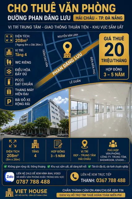 Cho Thuê Văn Phòng Đường Phan Đăng Lưu Hải Châu Đà Nẵng – 220M², Thang Máy, Pccc, Giá 21 Triệu