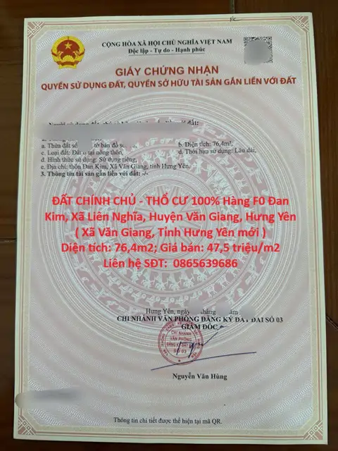 Đất Chính Chủ - Thổ Cư 100% Hàng F0 Đan Kim, Xã Liên Nghĩa, Huyện Văn Giang, Hưng Yên