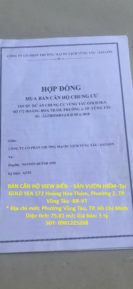 Bán Căn Hộ View Biển – Sân Vườn Hiếm–tại Gold Sea 172 Hoàng Hoa Thám, Phường 2, Tp. Vũng Tàu -Br-Vt