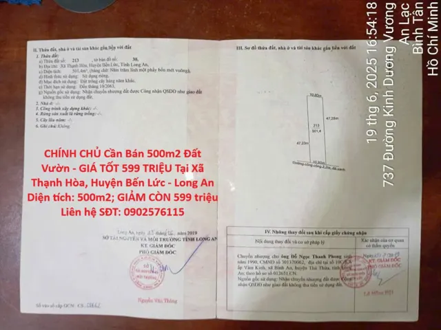 Chính Chủ Cần Bán 500M2 Đất Vườn - Giá Tốt 599 Triệu Tại Xã Thạnh Hòa, Huyện Bến Lức - Long An
