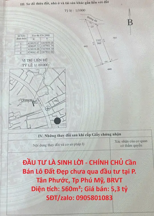 Đầu Tư Là Sinh Lời - Chính Chủ Cần Bán Lô Đất Đẹp Chưa Qua Đầu Tư Tại P. Tân Phước, Tp Phú Mỹ, Brvt