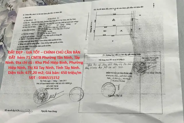 Đất Đẹp - Giá Tốt – Chính Chủ Cần Bán Đất Hẻm 71 Cmt8 Phường Tân Ninh, Tây Ninh