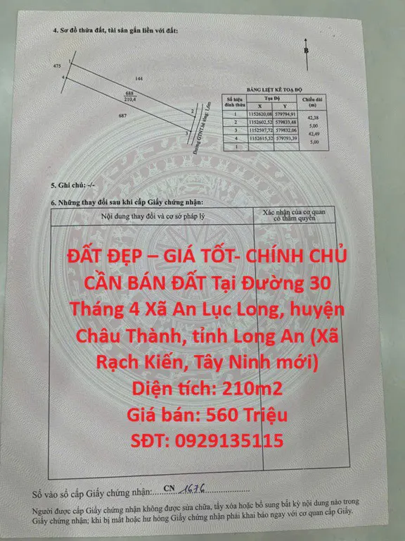 Đất Đẹp – Giá Tốt- Chính Chủ Cần Bán Đất Tại Xã An Lục Long, Huyện Châu Thành, Long An