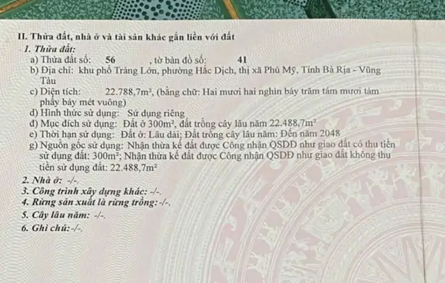Bán Đất Diện Tích Lớn Tại Trung Tâm Phường Hắc Dịch – Tx Phú Mỹ, Bà Rịa Vũng Tàu