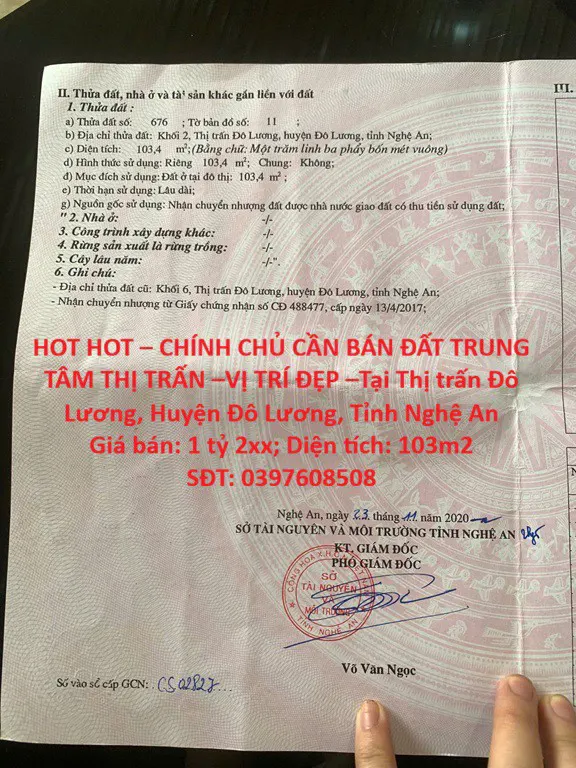 Hot Hot – Chính Chủ Cần Bán Đất Trung Tâm Thị Trấn –Vị Trí Đẹp –Tại Tt. Đô Lương, Đô Lương, Nghệ An