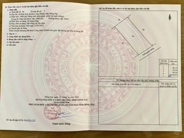 Bán Đất Xã Bình Sơn Long Thành 1000.2M2, Giá 8,7 Tỷ