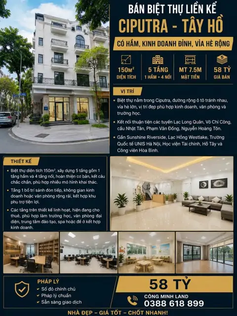 Bán Biệt Thự Liền Kề Ciputra - Tây Hồ - Có Hầm, Kinh Doanh Đỉnh, Vỉa Hè Rộng - 150M2 - 5 Tầng - Mt