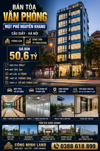 Bán Tòa Vp Mặt Phố Nguyễn Khang - Cầu Giấy - Dt 70 Tr/th - 90M² - 8 Tầng - Mt 5M - 50,6 Tỷ