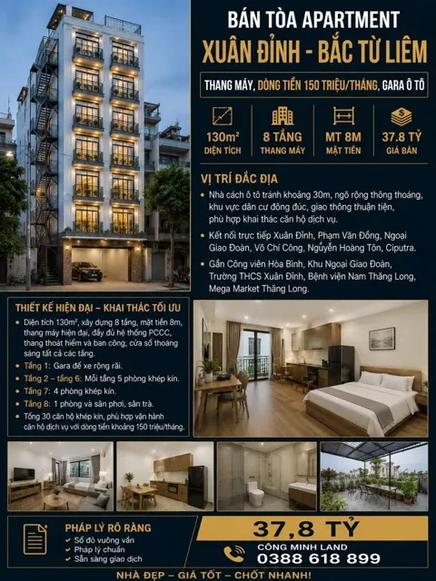 Bán Tòa Apartment Xuân Đỉnh - Dt 150 Tr/th, Gara Ô Tô - 130M2 - 8 Tầng - Mt 8M - 37.8 Tỷ