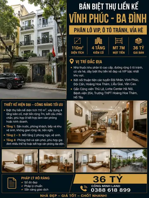 Bán Biệt Thự Liền Kề Vĩnh Phúc - Ba Đình - Phân Lô Vip, Ô Tô Tránh, Vỉa Hè - 110 M2 - Mt 7M - 36 Tỷ