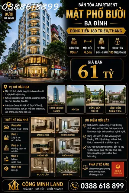 Bán Tòa Apartment Mặt Phố Bưởi - Ba Đình - Dt 180 Tr/th - 90M2 - 9 Tầng - Mt 4.5M - 61 Tỷ