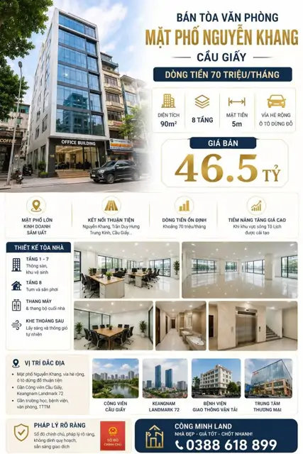 Bán Tòa Vp Mặt Phố Nguyễn Khang - Cầu Giấy - Dt70 Tr/th - 90M2 - 8 Tầng - Mt 5M - 46.5 Tỷ
