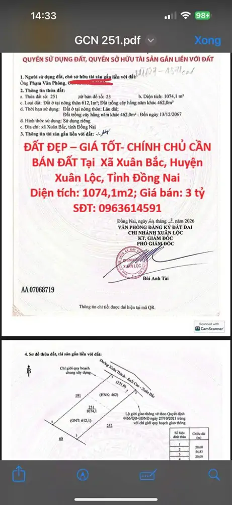 Đất Đẹp – Giá Tốt- Chính Chủ Cần Bán Đất Tại Xã Xuân Bắc, Huyện Xuân Lộc, Tỉnh Đồng Nai