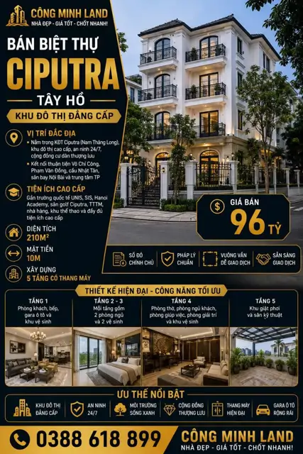 Bán Biệt Thự Ciputra - Tây Hồ - Thang Máy - 210M2 - 5 Tầng - Mt 10M - 96 Tỷ