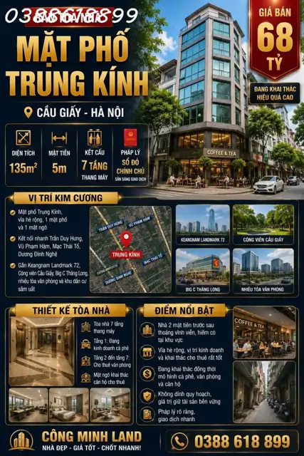 Bán Tòa Nhà Mặt Phố Trung Kính - Cầu Giấy - 135M² - 7 Tầng Thang Máy - Mặt Tiền 5M - 68 Tỷ