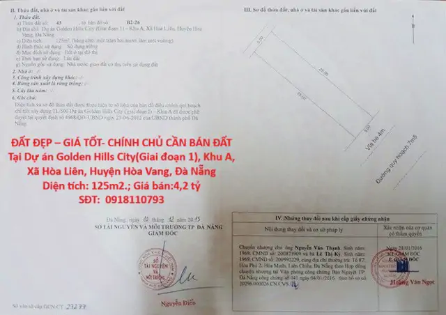 Đất Đẹp – Giá Tốt- Chính Chủ Cần Bán Đất Tại Khu A, Xã Hòa Liên, Huyện Hòa Vang, Đà Nẵng