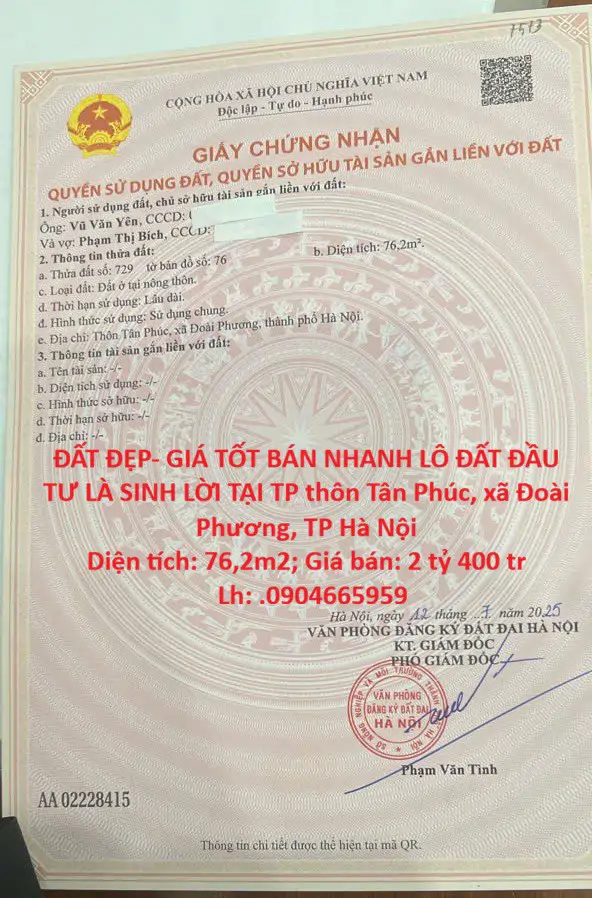 Đất Đẹp- Giá Tốt Bán Nhanh Lô Đất Đầu Tư Là Sinh Lời Tại Tp Xã Đoài Phương, Tp Hà Nội