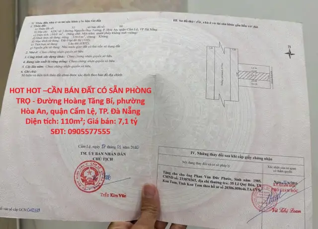 Hot Hot –Cần Bán Đất Có Sẵn Phòng Trọ - Đường Hoàng Tăng Bí, Phường Hòa An, Quận Cẩm Lệ, Tp. Đà Nẵng
