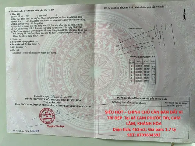 Siêu Hót – Chính Chủ Cần Bán Đất Vị Trí Đẹp Tại Xã Cam Phước Tây, Cam Lâm, Khánh Hòa