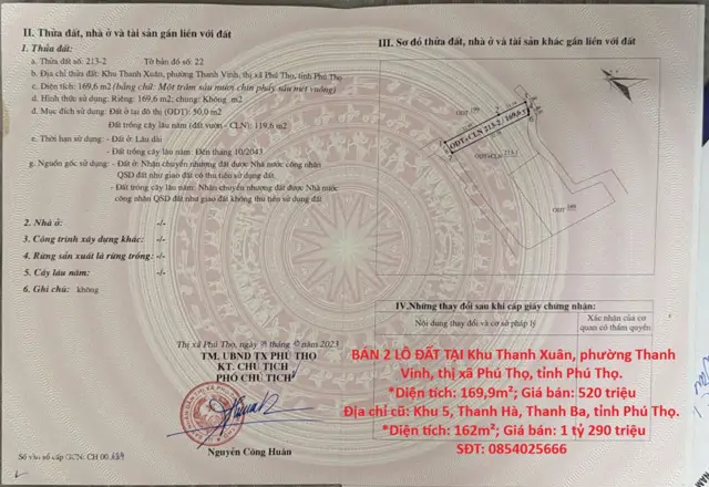 Hot Hot – Chính Chủ Cần Bán 2 Lô Đất Tại Tx. Phú Thọ Và H. Thanh Ba, Tỉnh Phú Thọ