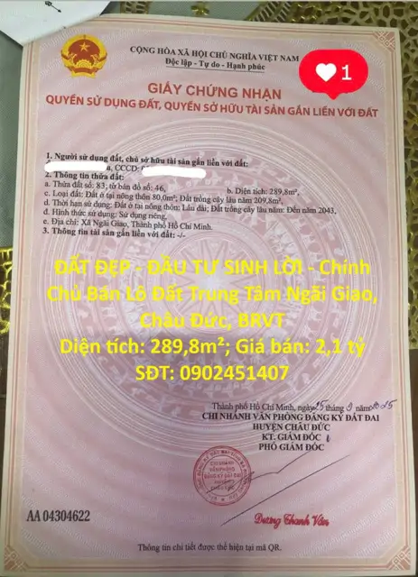 Đất Đẹp - Đầu Tư Sinh Lời - Chính Chủ Bán Lô Đất Trung Tâm Ngãi Giao, Châu Đức, Brvt