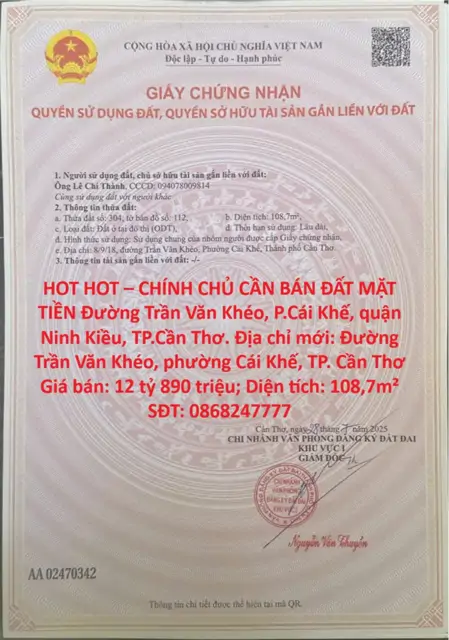 Hot Hot – Chính Chủ Cần Bán Đất Mặt Tiền Đường Trần Văn Khéo, P.cái Khế, Quận Ninh Kiều, Tp.cần Thơ