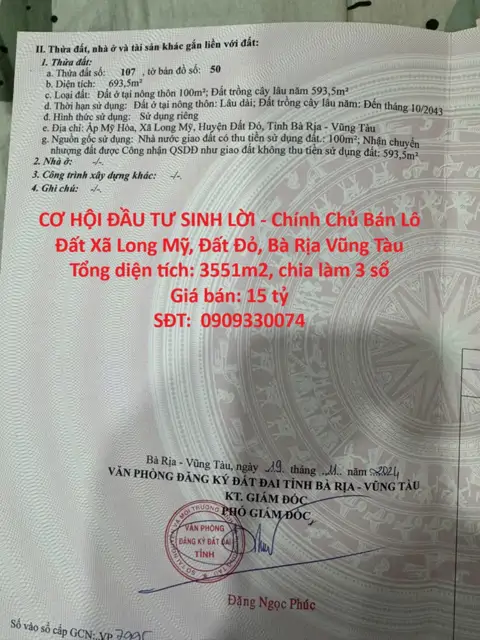 Cơ Hội Đầu Tư Sinh Lời - Chính Chủ Bán Lô Đất Xã Long Mỹ, Đất Đỏ, Bà Rịa Vũng Tàu