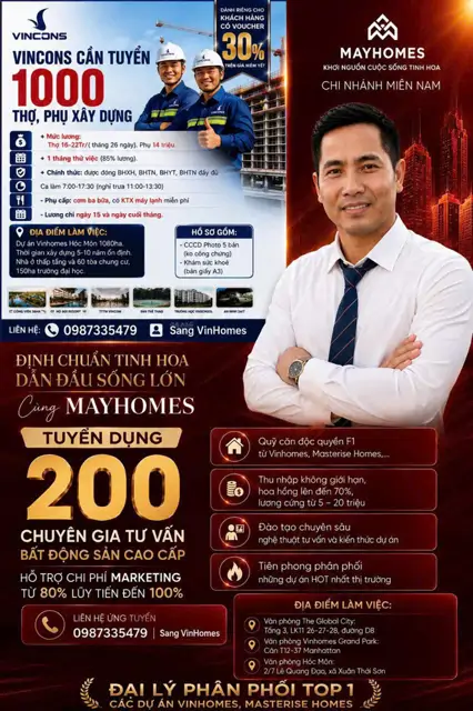 Vincons Cần Tuyển 1000 Thợ, Phụ Xây Dựng+ Mức Lương: Thợ 16-22Tr/( Tháng 26 Ngày). Phụ 14 Triệu